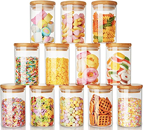 8oz Glass Jars Set of 12 AIKWI Glass Spice Jars with Bamboo Lids and Labels Airtight Glass Food Storage Jar Canisters for Tea Beans Coffee Snacks and More