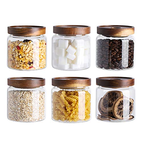 Kanwone Glass Storage Jars Set of 6 17 Ounce Airtight Food Storage Containers with Bamboo lids Clear Glass Canisters for Pantry kitchen Flour Sugar Tea Coffee Snack Spice and Herbs airtight food storage containers