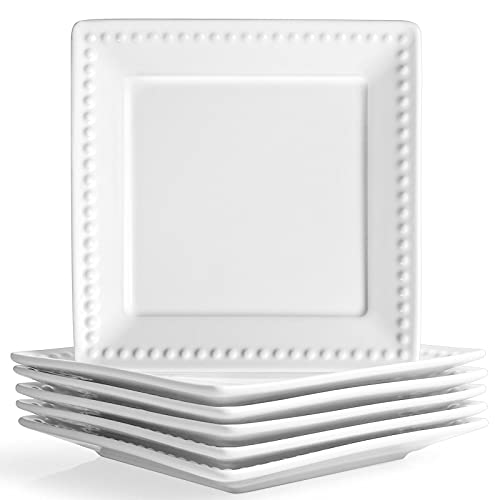 Wareland Bright White Embossed Dots Square Dessert Plates Set of 6 Ultrafine Porcelain 6 inch Appetizer Plates Farmhouse Salad Plates Set for Sides Dessert Snack Small Heavy Duty Dinner Plates