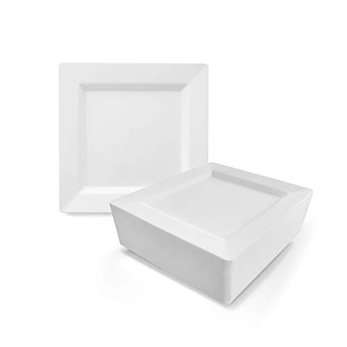 White Square Plates Set by Oasis Creations  725  50 count  Premium Hard White Disposable Plastic  Disposable and Reusable  Salad Plate  Appetizer Plate  Dessert Plate  Party Plate Set
