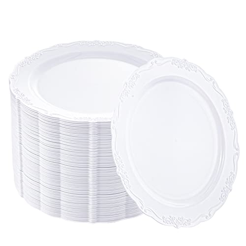 DaYammi 60PCS White Plastic Plates Heavy Duty White Disposable Plates Premium 75inch White Dessert Cake Salad Appetizer Plates Hard Plastic Plates Disposable for Party Wedding Bridal Shower
