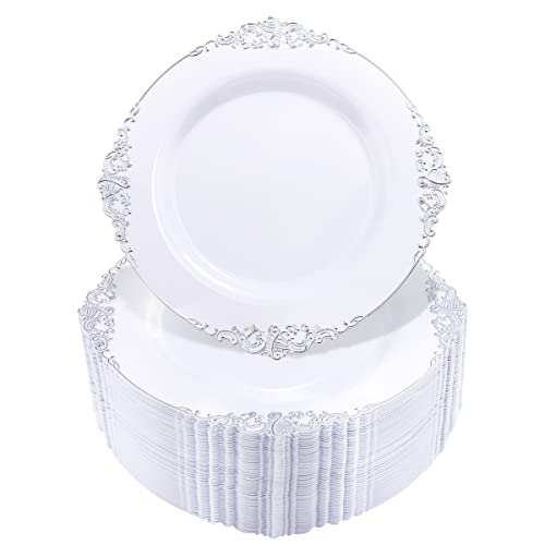 Hioasis 100pcs Silver Plastic Plates  White with Silver Disposable Plates  75inch Silver Disposable Dessert PlatesPerfect for Christmas  Wedding  Party