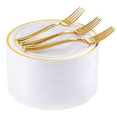 I00000 72 Pieces Gold Dessert Plates 75 with 72 Pieces Gold Plastic Forks 74 Heavyweight White with Gold Rim Plastic Plates Salad Plates and Appetizer Plates for Parties Wedding  Party
