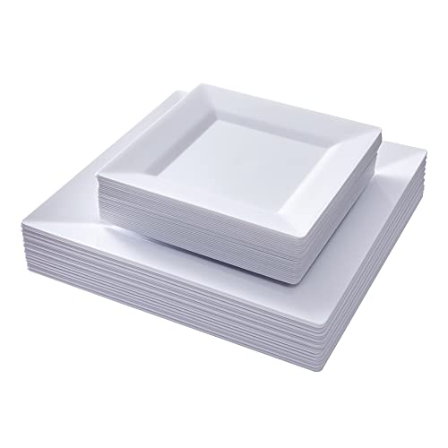 N9R 60 Pack White Square Plastic Plates  30pcs Dinner Plates 95 Inch and 30pcs Square Disposable DessertSalad Plates 65 Inch  Fancy Disposable Plates Perfect for Party Wedding Birthday