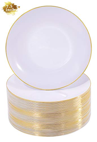 Nervure 100Pieces White with Gold Rim Plastic Plates  75inch Disposable Gold SaladDessert Plates  White and Gold Plastic Plates Ideal for Thanksgiving  Parties