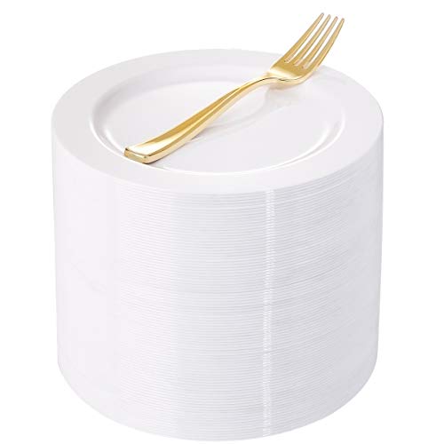 WELLIFE 200 Pieces White Plastic Dessert Plates with Gold Disposable Forks Premium Hard Plastic Dessert Plates 75 Appetizer Plastic Plates for Wedding and Party