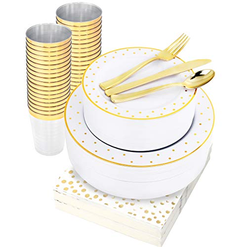 WELLIFE 350 Pcs Gold Dot Plastic Dinnerware Disposable White Plates with Gold Dot Include 50 Dinner Plates 50 Dessert Plates 50 Knives 50 Forks 50 Spoons 50 Cups 50 Napkins