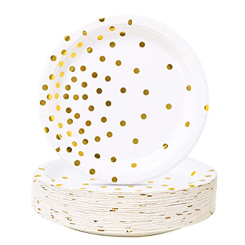 White and Gold Party Supplies Gold Dot Paper Dessert Plates (50Count)