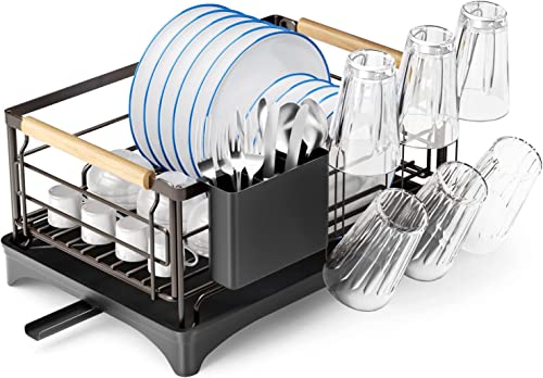 GTING Dish Drying Rack Dish Rack for Kitchen Counter RustProof Dish Drainer with Drying Board and Utensil Holder for Kitchen Counter Cabinet 166 L× 126W× 78H Black…