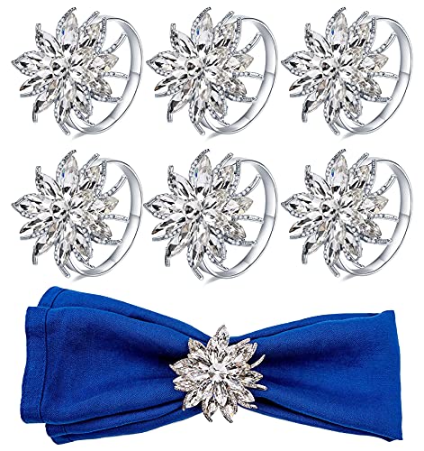 Awsaccy Rhinestone Napkin Rings Silver Set of 6 Cute Elegant Crystal Bling Flower Napkin Rings Wraps Serviette Buckles Holder Bands for Wedding Birthday Easter Thanksgiving Christmas Dinner Holiday