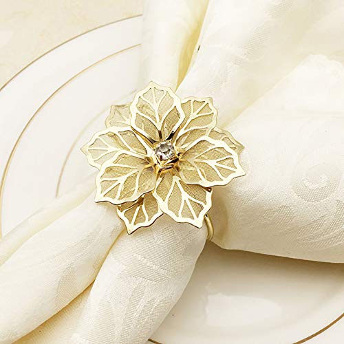 NAGU Flower Napkin Rings Set of 6 Hollow Out Floral Napkin Holder Adornment Exquisite Household Napkins Rings Set Rhinestone Napkin Rings for Wedding Banquet Christmas Table Setting (Gold)