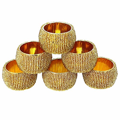 Shalinindia Handmade Indian Gold Beaded Napkin Rings  Set of 6 Rings