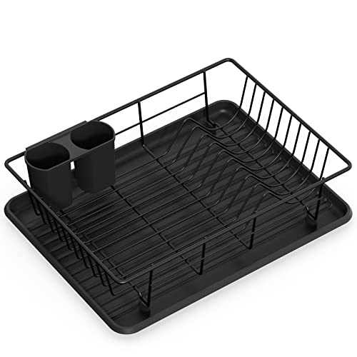 Dish Drying Rack GSlife Small Dish Rack with Tray Compact Dish Drainer for Kitchen Counter Cabinet Black