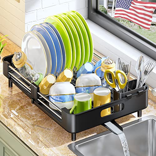 Dish Drying Rack Kitchen Counter Dish Drainers Rack AutoDrain Expandable(132197) Stainless Steel Large Strainers Over Sink Drying Rack Drainboard with Utensil Holder Caddy Organizer Black