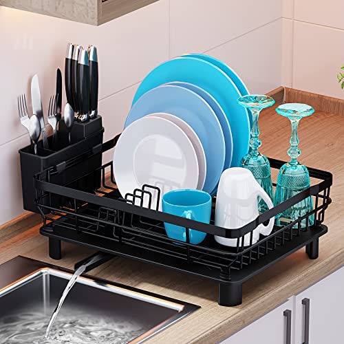 Dish Drying RackMOUKABAL Dish RackDish Racks for Kitchen CounterDish Drainer with Removable Utensil HolderDish Drying Rack with Drainboard and Swivel Spout(Black)