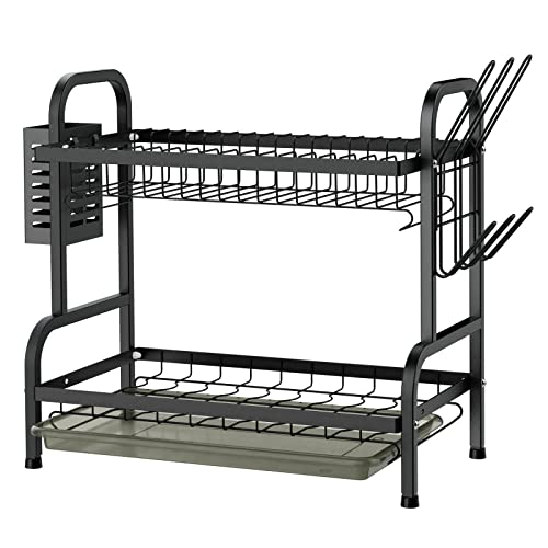 Dish Drying Rack Swedecor 2 Tier RustResistant Dish Rack Small Dish Drainer with Drainboard Tray Cup Holder and Utensil Holder for Kitchen Countertop Saving Space Black
