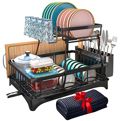 Godboat Dish Drying Rack with Drainboard 2Tier Dish Racks for Kitchen Counter Dish Drainer Set with Utensils Holder Large Capacity Dish Strainers with Extra Drying Mat (Black)