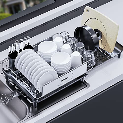 IARTOPS Dish Drying Rack Dish Rack for Kitchen Counter Expandable Stainless Steel Dish Strainer with Drainboard Large Capacity Dish Drainer with Glass Holder Utensil Holder