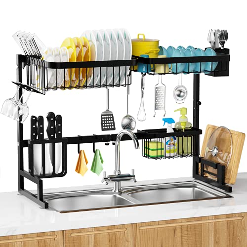 Over The Sink Dish Drying Rack MERRYBOX 2Tier Adjustable Length (256335in) Stainless Steel Dish Drainer with Cutting Board Holder Large Dish Rack for Kitchen Counter Organizer Space Saver