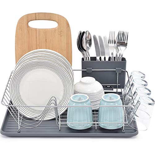 TOOLF Dish Rack Large Capacity Dish Drainer Dish Drying Rack with Cutlery Holder Removable Drip Tray Cup Holder Compact Kitchen Drainers for Countertop Grey