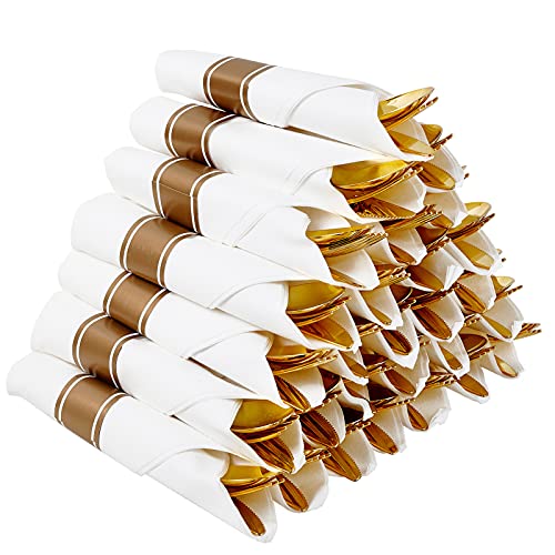 30 Pack Pre Rolled Gold Plastic Cutlery Disposable Heavy Duty Silverware Set  30 Forks 30 Spoons 30 Knives 30 Napkins Wrapped Disposable Cutlery Set for Catering Parties Dinners Weddings