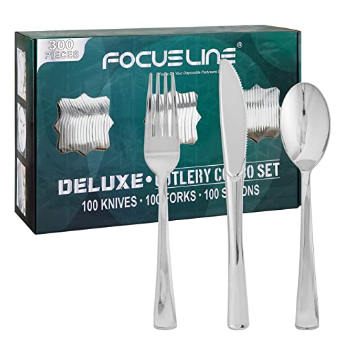 FOCUSLINE 300 Pack Silver Plastic Cutlery Set  100 Forks 100 Knives 100 Spoons  Disposable Flatware Heavy Duty Plastic Silverware Set for Catering Parties Dinners Weddings