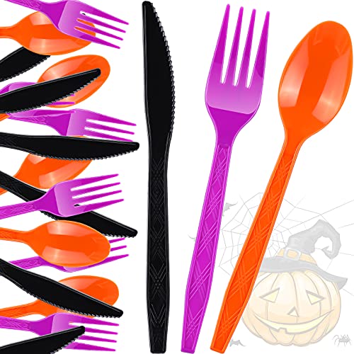 Halloween Plastic Cutlery Set Halloween Forks Spoons Knives Utensils Colored Black Orange Purple Disposable Tableware for Halloween Zombie Cosplay Trick Or Treat Party Supplies (180)