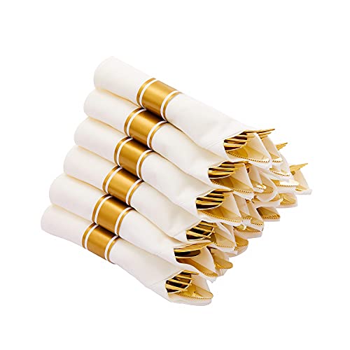 N9R 50 Pack Pre Rolled Gold Plastic Cutlery Set Wrapped Plastic Silverware Set with 50 Forks 50 Knives 50 Spoons and 50 Napkins Disposable Cutlery Set for Party and Wedding