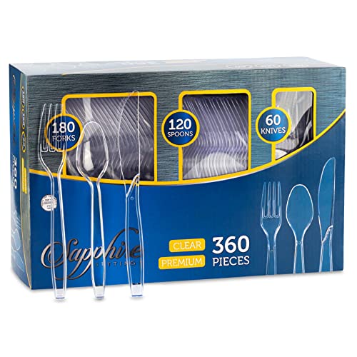 Party Bargains Disposable Cutlery set SAPPHIRE Design Clear Color 360 Pieces 180 Forks 120 Spoons 60 Knives