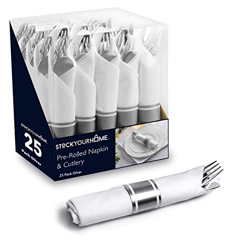 Plastic Cutlery Set with Pre Rolled Napkins (25 Pack) Prewrapped (Silver) Disposable Silverware Knife Spoon Fork and Napkin Individually Wrapped for Holiday Parties Thanksgiving and Weddings
