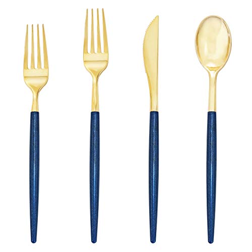 Supernal 180 Pieces Gold Plastic CutleryGold Flatware with Blue Glitter HandleDisposable Gold and Blue CutlerySuitable for PartyBirthdayWedding