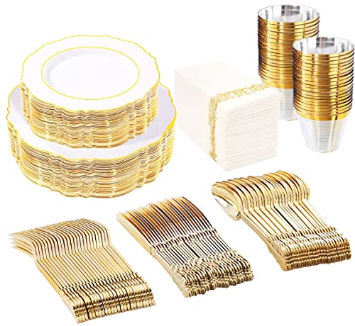 WDF 50Guest Gold Plastic Plates with Gold Disposable Cutlery Gold Plastic CupsParty Plates and Napkins for WeddingParties
