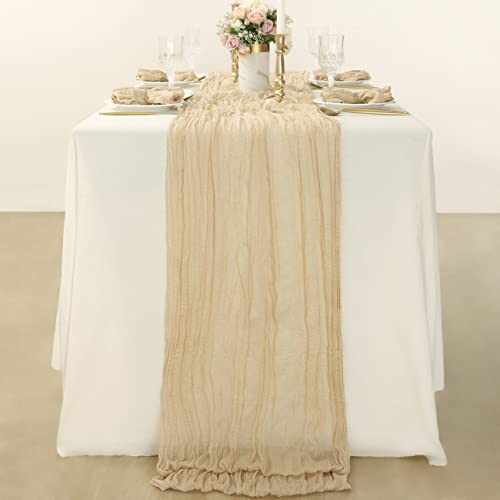 Socomi Sand Cheesecloth Table Runner 10ft 35x122 Inches Gauze Boho Rustic Wedding Tablecloth for Bridal Shower Wedding Party Decoration