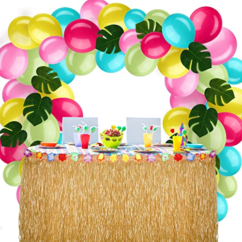 141 Pieces Tropical Hawaiian Party Decorations Luau Hawaiian Grass Table Skirt Palm Leaves Luau Balloons Leaf Hibiscus Flowers Hawaiian Theme Party Supplies for Tropical Beach Party Decor