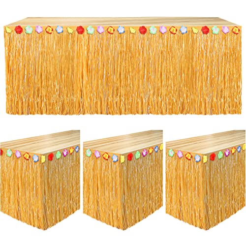 Fovths 4 Pack Luau Grass Table Skirt Natural 9 Feet x 295 Inch Hawaiian Table Skirt for Tropical Hawaiian Party Decorations Luau Party Costume Party Straw Yellow