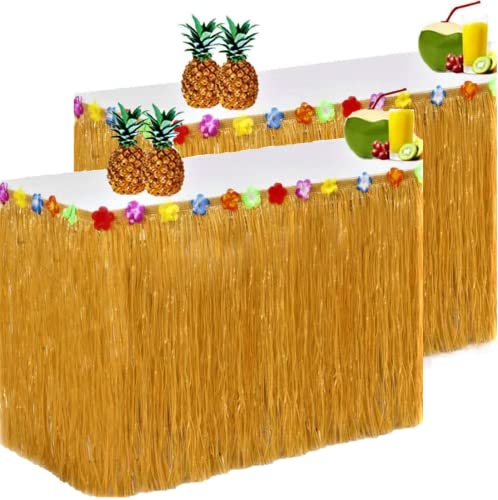 King Luau 2 Pack Grass Table Skirt  9ft x 29in Luau Table Skirt  Raffia Style Fringe Party Decoration for Tiki Tropical Hawaii or Moana Themed Birthday and Graduation Party  Hawaiian Table Skirt