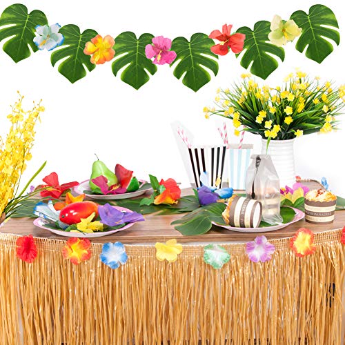 Sharlity Luau Table Skirts for Hawaiian Party Decorations Luau Party Supplies with 9ft Tropical Raffia Grass Table Skirt Tiki Palm Leaves and Hibiscus Flowers (Gold)