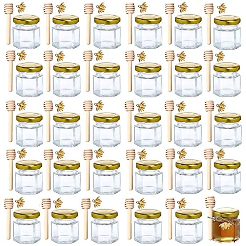 15 oz Hexagon Mini Glass Honey Jars 30Pack Honey Jars with Wood Dipper Gold Lid Bee Pendants Jutes  Perfect for Baby Shower Wedding Favors Party Favors