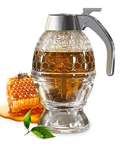 CLEVLI Honey Dispenser  Glass Honey Dispenser  No Drip 8 Oz Honey Pourer Dispenser Honey Pot with Stand  for Syrup Sugar Sauces Jar with Non Slip Support Flip Top Lid for Easy Works