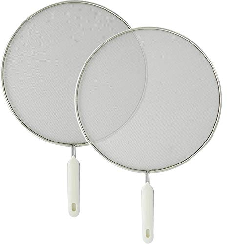 RamPro Grease Splatter Screen for Frying Pan 10 inch Hot Oil Splash Splatter Guard for Cooking Stainless Steel Plastic Handle with Hanging Hole Fine Mesh Stops Stove Oil Guard Pack of 2
