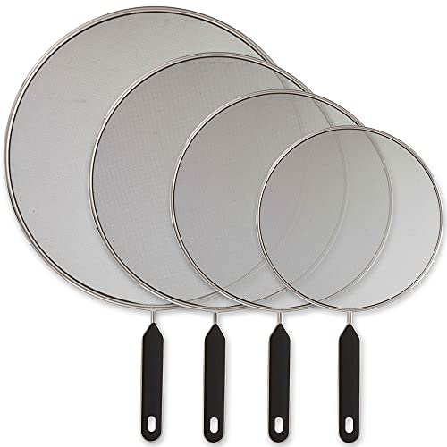 US Kitchen Supply Set of 4 Classic Splatter Screens 13 115 10 and 8  Stainless Steel Fine Mesh Comfort Grip Handles  Use on Boiling Pots Frying Pans  Grease Oil Guard Safe Cooking Lid