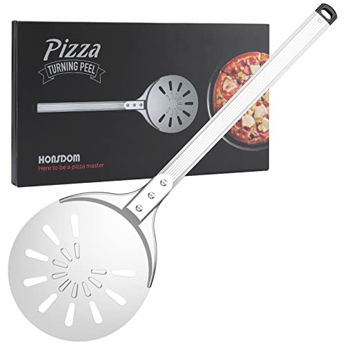 Pizza Turning Peel 8 Inch Pizza Turner Round Pizza Peel Long Handle Perforated Pizza Paddle from Anodized Aluminum Pizza Oven Accessories