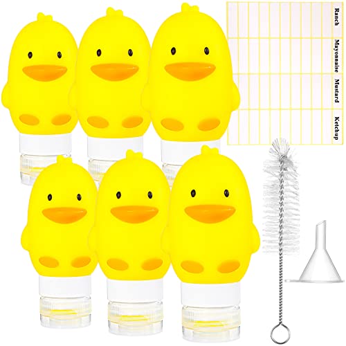 9 Pcs 6 Silicone Condiment Squeeze Bottles Squeeze Salad Dressing Bottles Portable Sauce Bottle Leak Proof Food Storage Bottles with Cleaning Brush Label Sticker Funnels for Lunch (Duck)