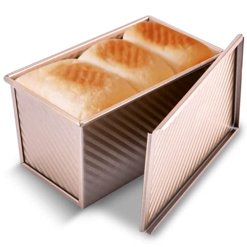 KITESSENSU Pullman Loaf Pan with Lid 1 lb Dough Capacity NonStick Bakeware for Baking Bread Carbon Steel Corrugated Bread Toast Box Mold with Cover for Baking Bread Gold