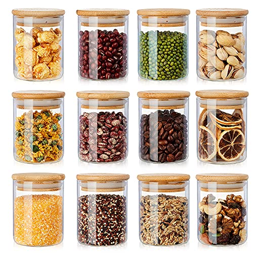 12 Pack Glass Jars Set AIKWI 6oz Spice Jars with Bamboo Lids Clear Glass Food Storage Containers Kitchen Canisters Set for Sugar Tea Cookie Coffee  Labels  Pen