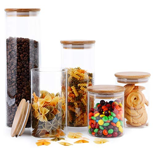 FOCUSLINE 5 Pack Glass Kitchen Canister Set Clear Glass Food Storage Jars with Airtight Bamboo Wooden Lid For Flour Sugar Candy Cookie