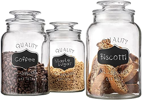 Glass Canister Set for Kitchen or Bathroom Sugar Packet Holders Apothecary Glass Food Storage Jars with Airtight Lid and Chalkboard Labels  Set of 3 Cookie and Candy Jars Storage Containers