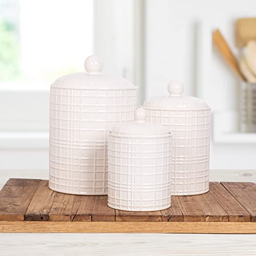 MosJos Ceramic Canister Set  Round Gridline White Canisters Sets for the Kitchen  Farmhouse Kitchen Counter Storage Jars for Flour Sugar Tea Coffee Cookies (3 Pcs)