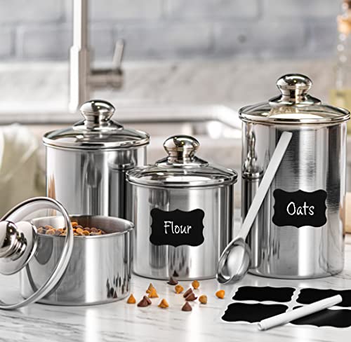 Set of 4 AIRTIGHT STAINLESS STEEL CANISTER SET for Kitchen Counter with GLASS LIDS  MARKER LABELS  SCOOP Kitchen Canisters Ideal for Coffee Flour Sugar Candy Spices Food Storage Cookie Jar