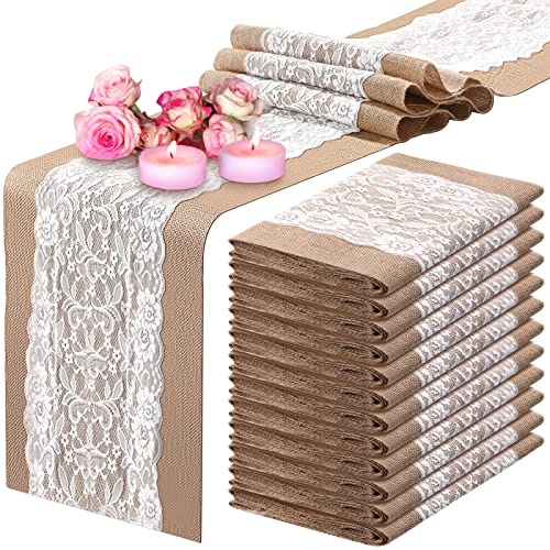 12 Pack Lace Burlap Table Runner Rustic Natural Jute Table Runner 12 x 72 Inch Farmhouse Hessian Table Cloth for Vintage Country Wedding Birthday Thanksgiving Christmas Party Table Decoration